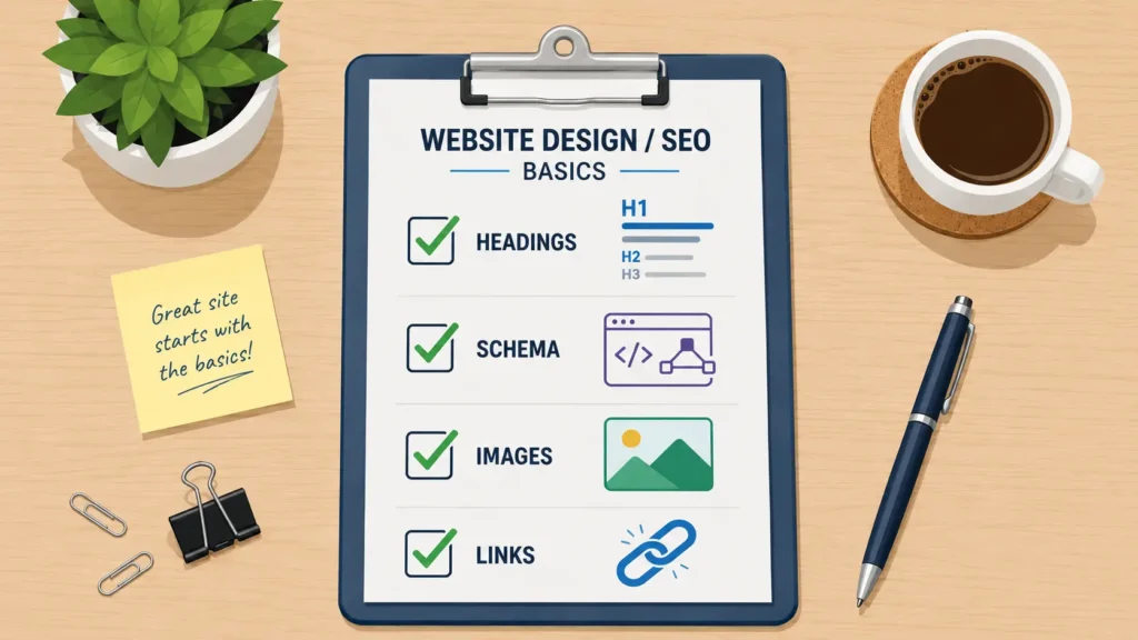 Checklist clipboard with website design and SEO elements checked off