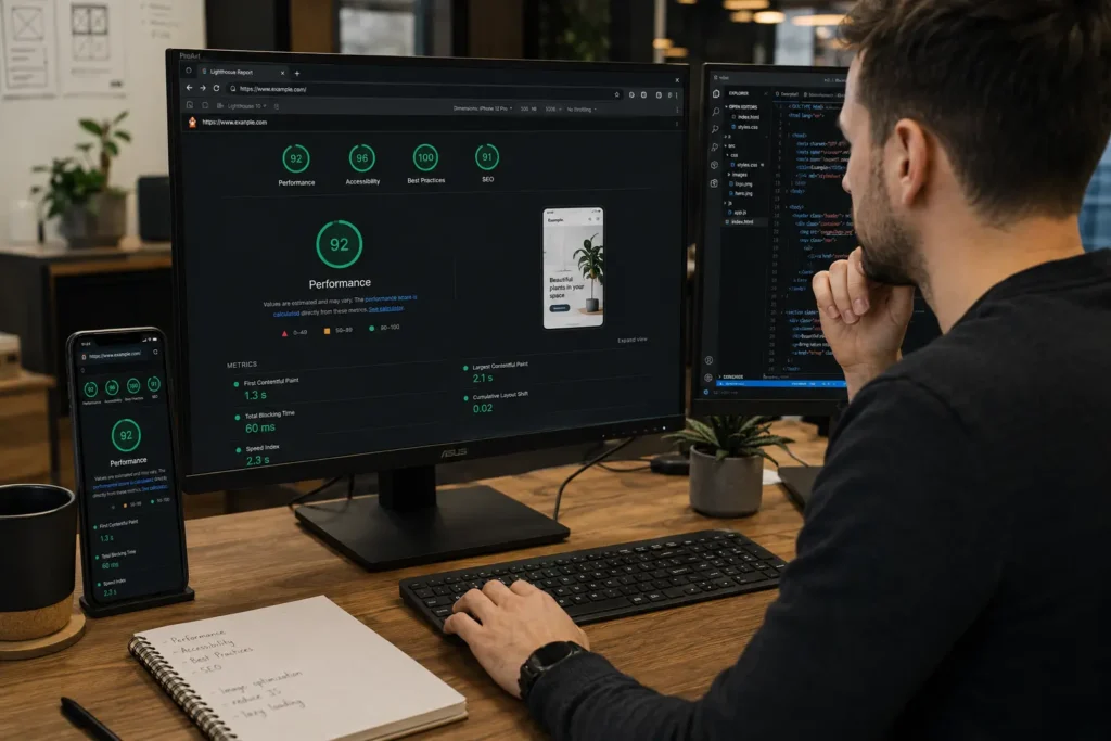 Web designer reviewing page speed insights